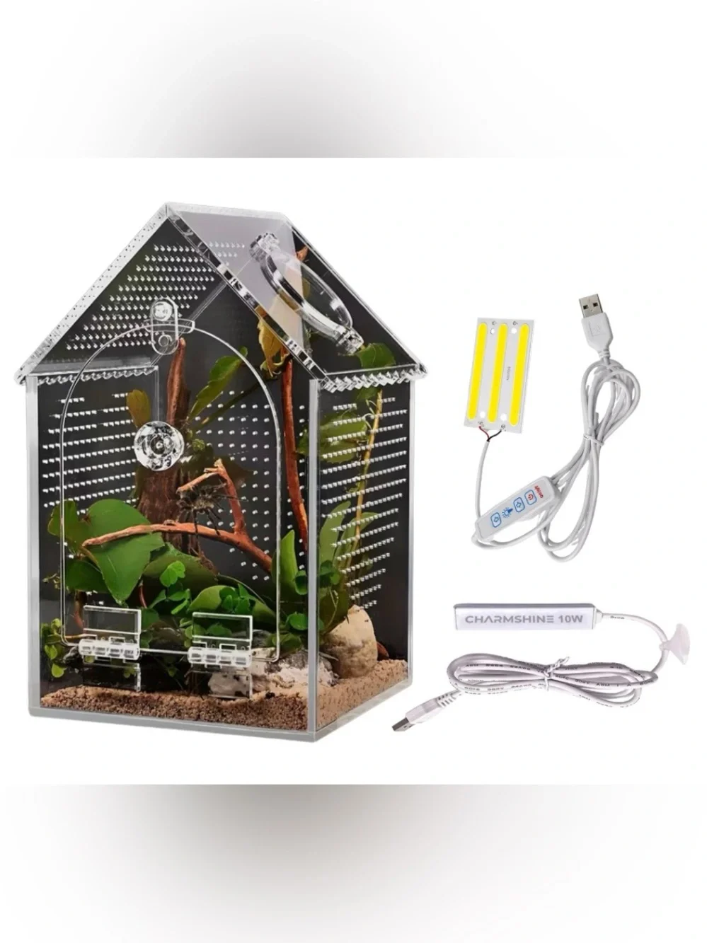 PET HOUSE Acrylic Terrarium Habitat with Rock Decor USB Dimmable Light & Heater